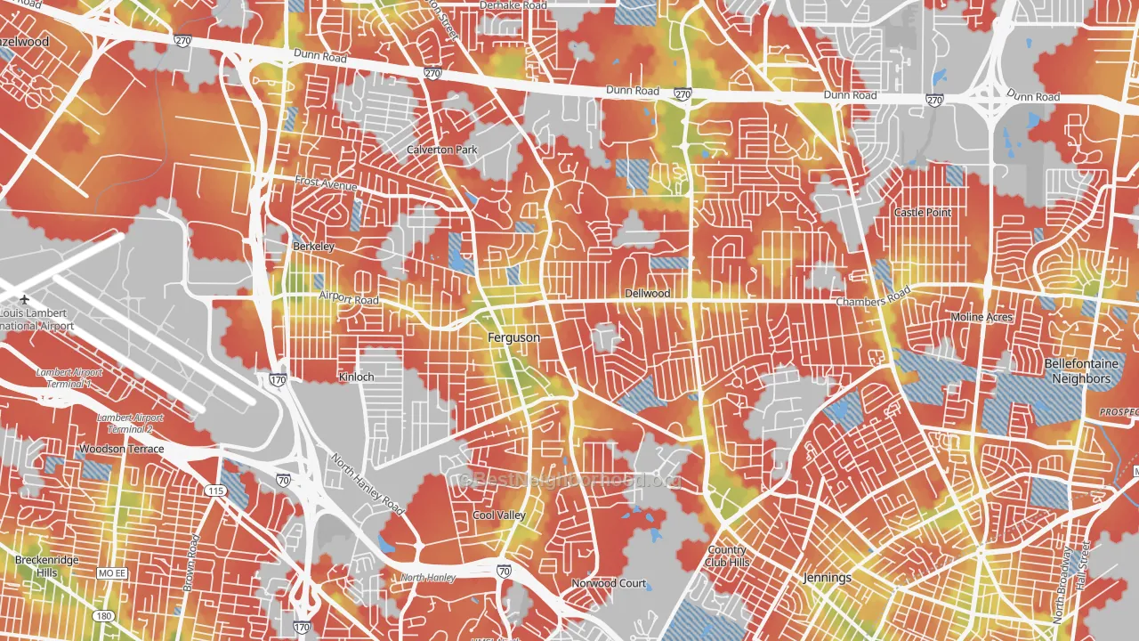 Walk Grade map of Ferguson, MO, walkable areas in green and car-dependent areas in red