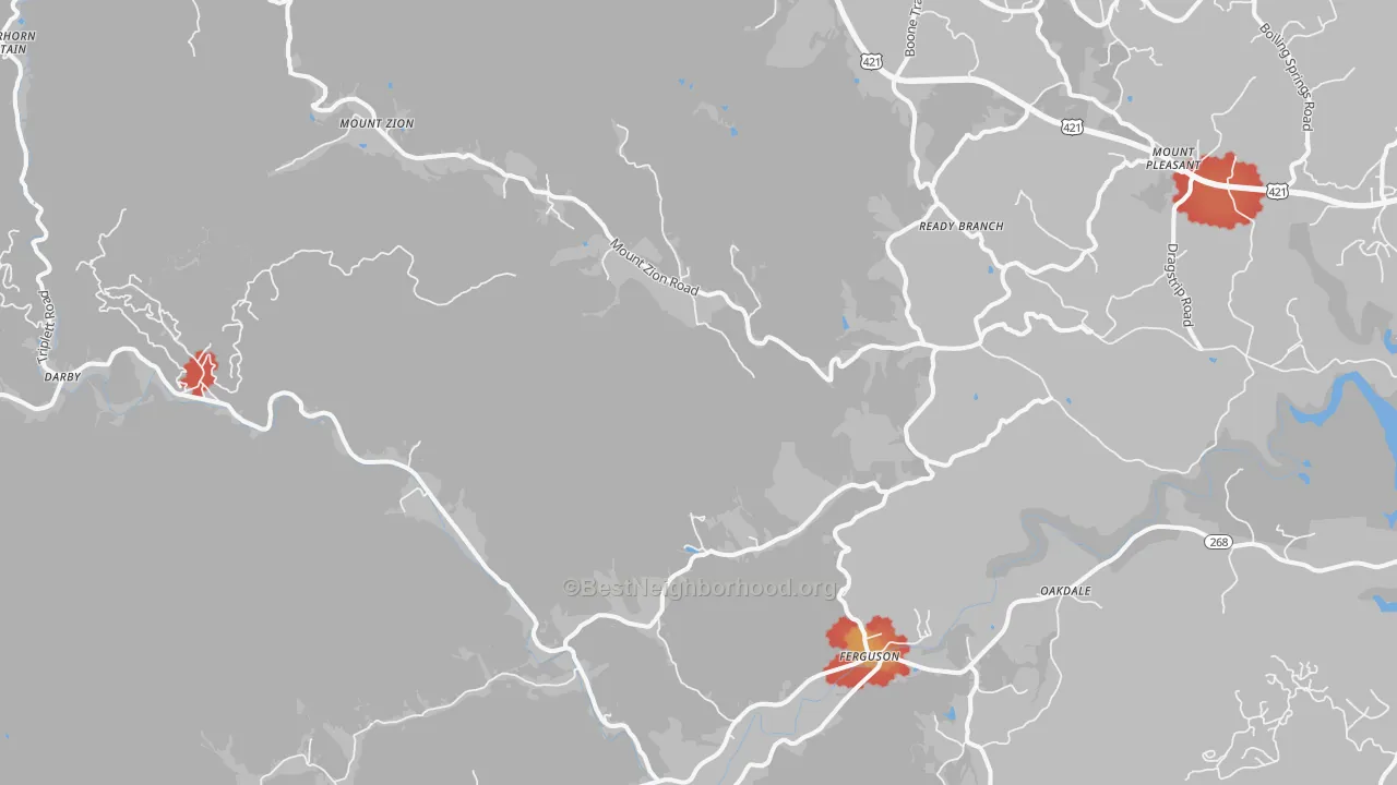 Walk Grade map of Ferguson, NC, walkable areas in green and car-dependent areas in red
