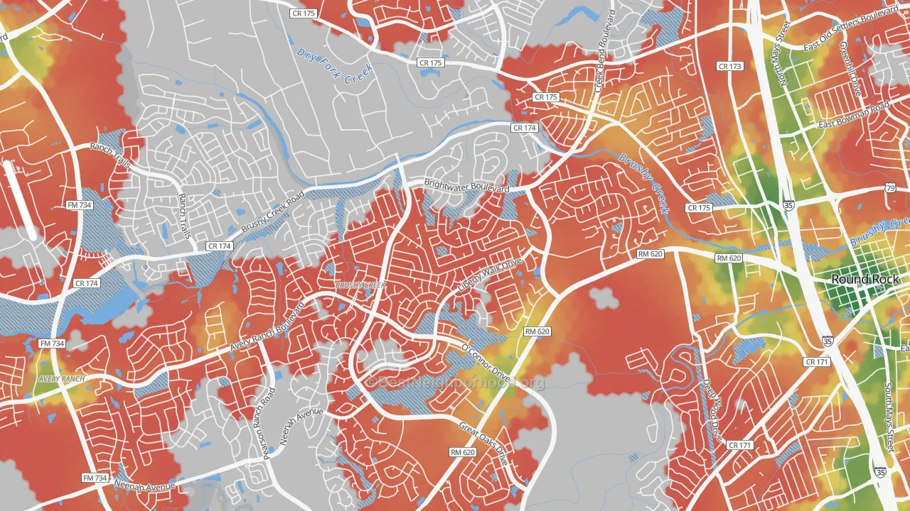 Walk Grade map of Fern Bluff, Brushy Creek, TX, walkable areas in green and car-dependent areas in red