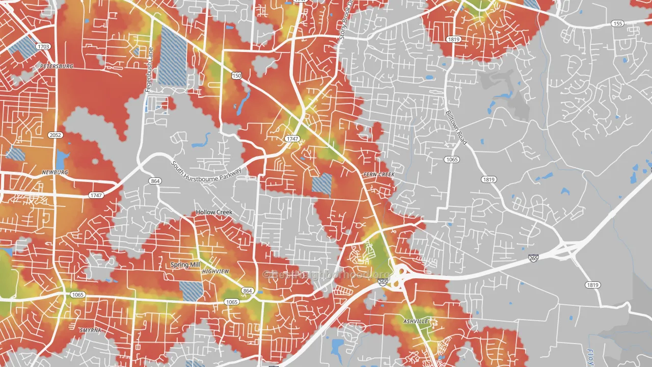 Walk Grade map of Fern Creek, Louisville, KY, walkable areas in green and car-dependent areas in red