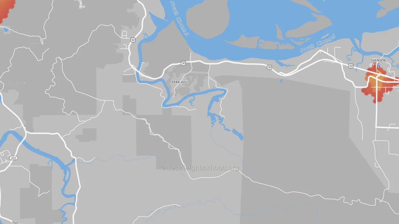 Walk Grade map of Fern Hill, OR, walkable areas in green and car-dependent areas in red