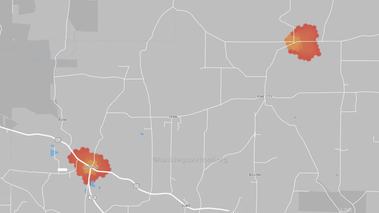 Walk Grade map of Fern, PA, walkable areas in green and car-dependent areas in red