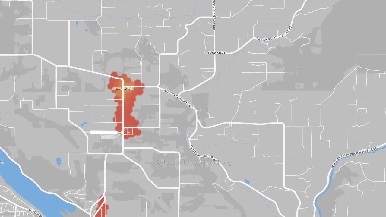 Walk Grade map of Fern Prairie, WA, walkable areas in green and car-dependent areas in red