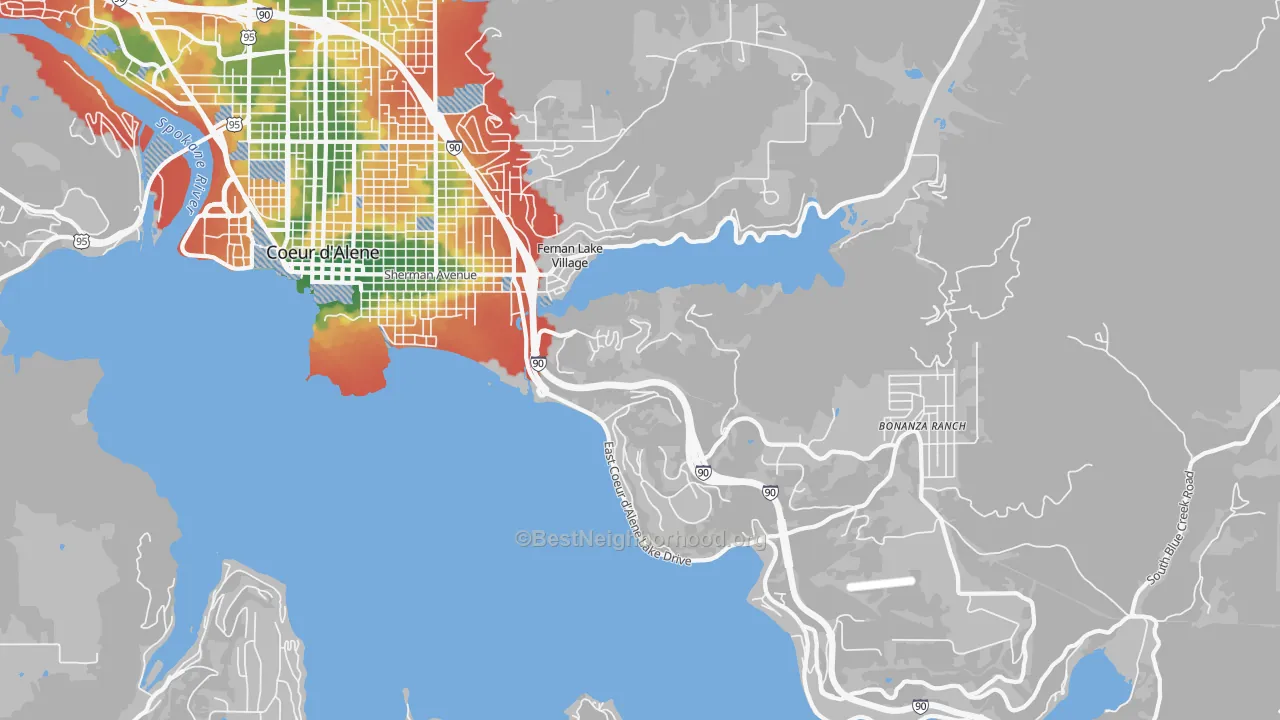 Walk Grade map of Fernan Lake Village, ID, walkable areas in green and car-dependent areas in red