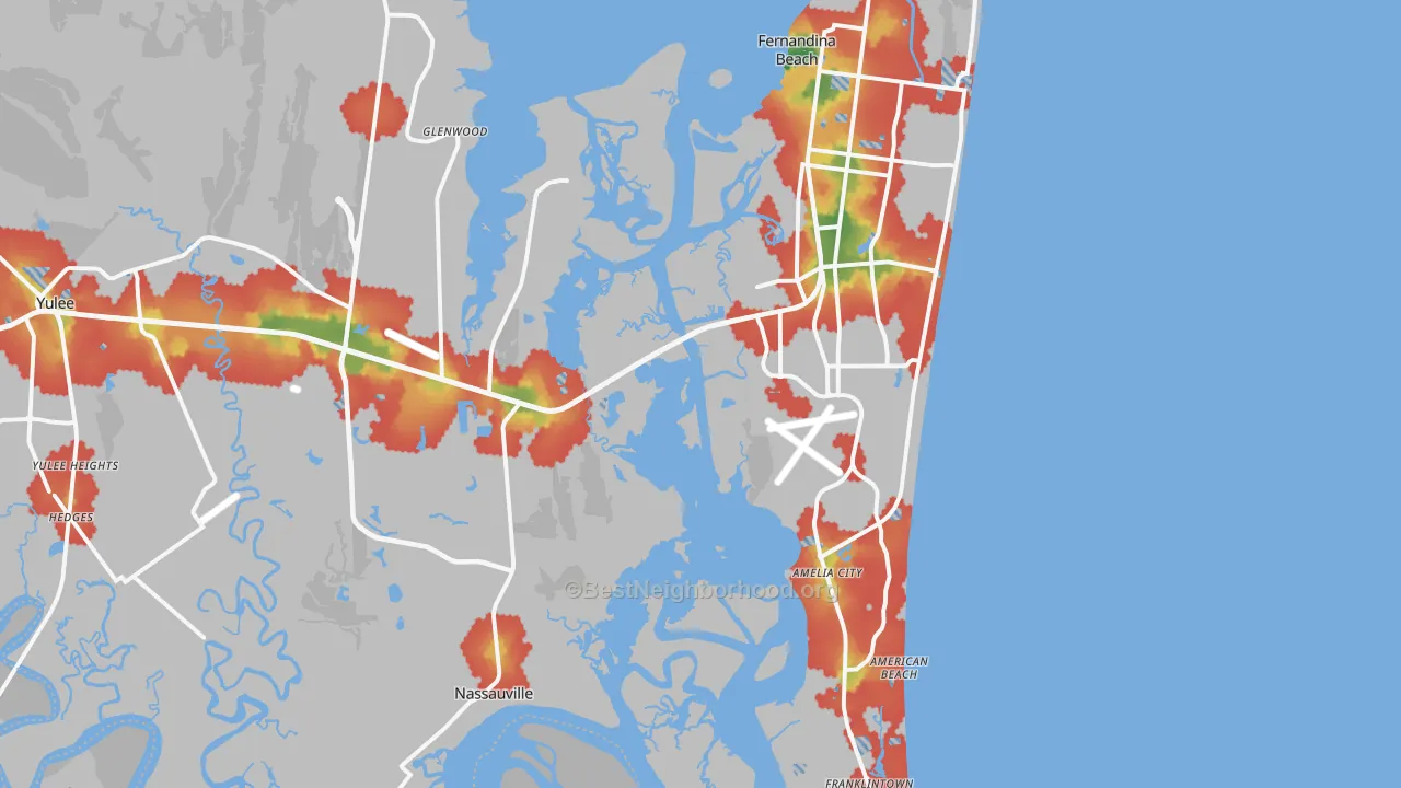 Walk Grade map of Fernandina Beach, FL, walkable areas in green and car-dependent areas in red