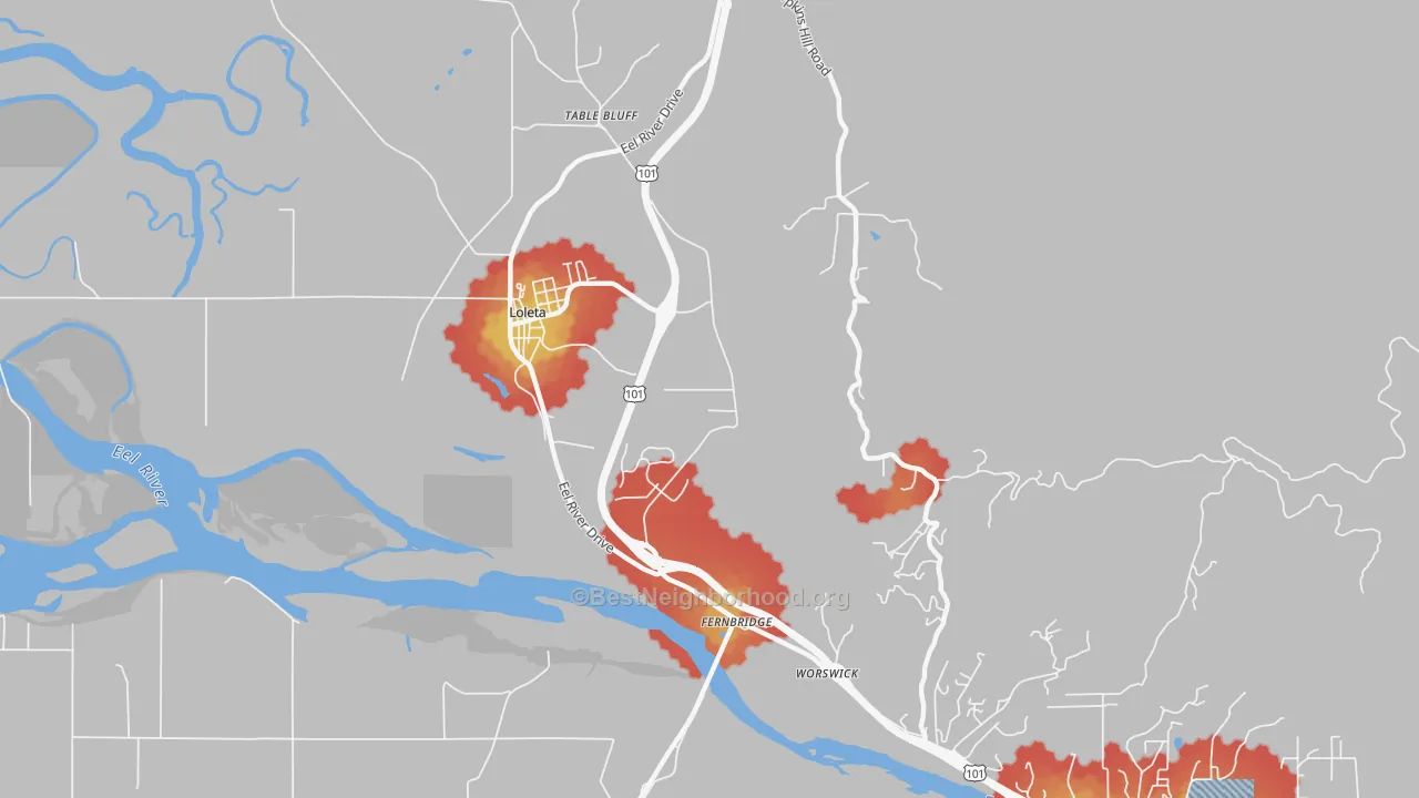 Walk Grade map of Fernbridge, CA, walkable areas in green and car-dependent areas in red