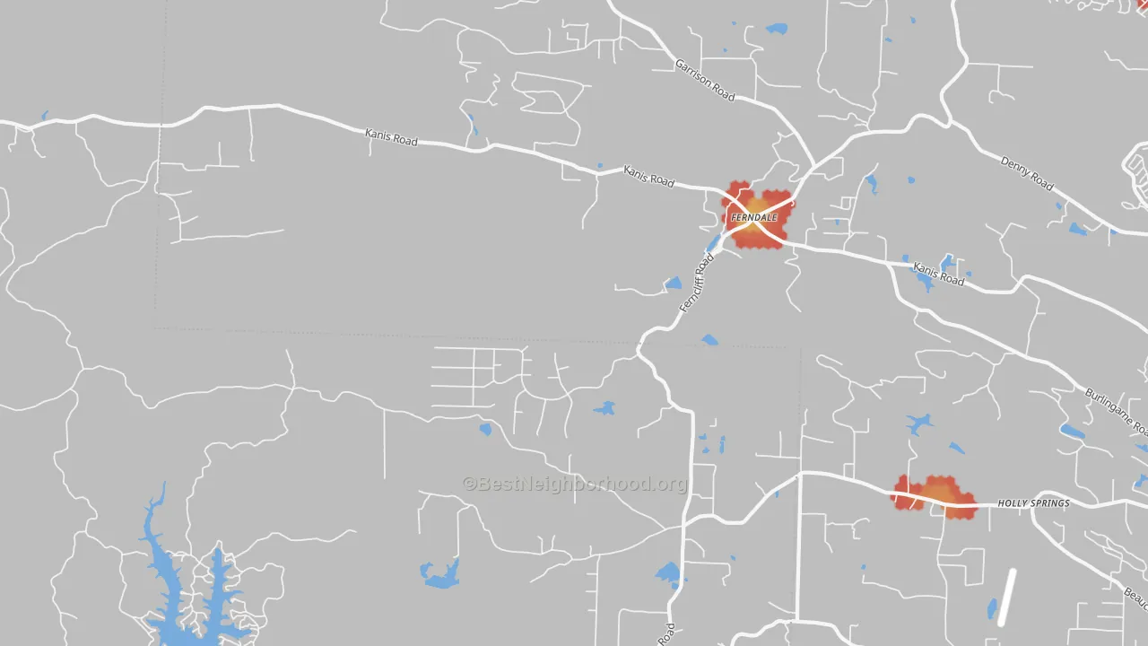 Walk Grade map of Ferndale, AR, walkable areas in green and car-dependent areas in red