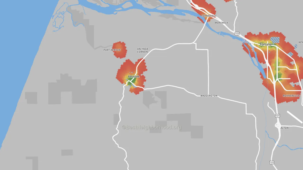 Walk Grade map of Ferndale, CA, walkable areas in green and car-dependent areas in red