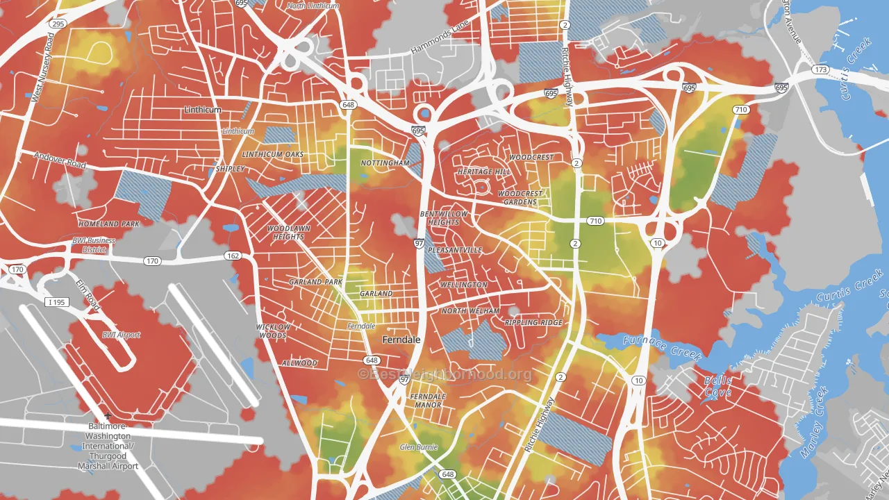 Walk Grade map of Ferndale, MD, walkable areas in green and car-dependent areas in red