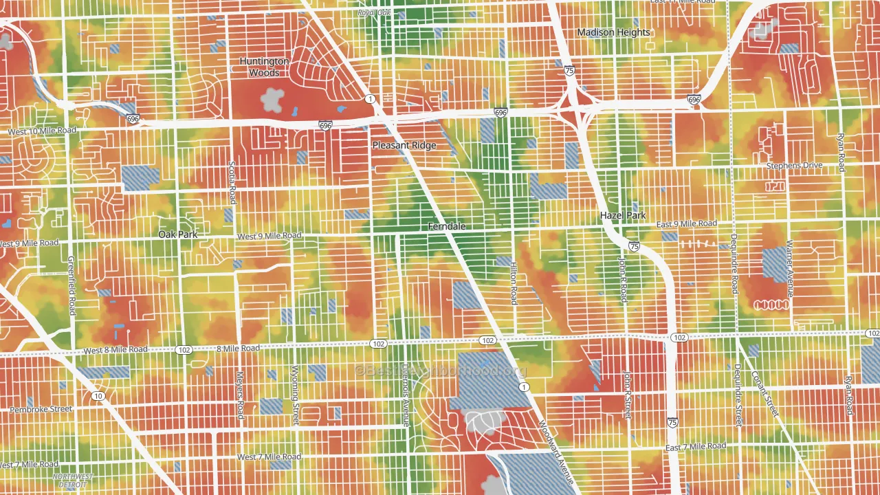 Walk Grade map of Ferndale, MI, walkable areas in green and car-dependent areas in red