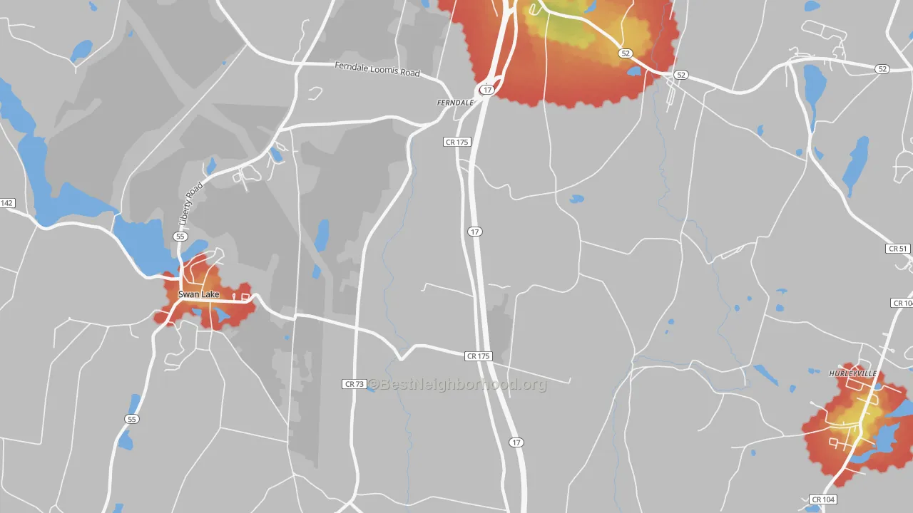 Walk Grade map of Ferndale, NY, walkable areas in green and car-dependent areas in red