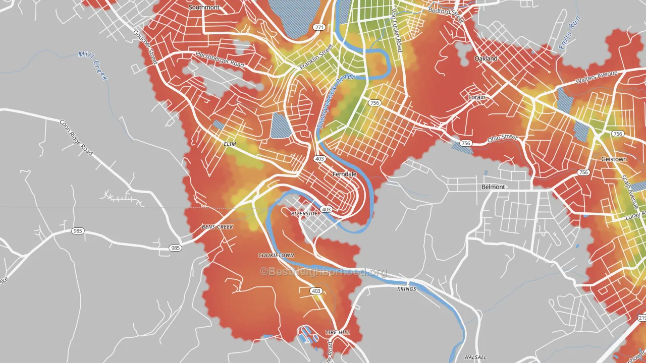 Walk Grade map of Ferndale, PA, walkable areas in green and car-dependent areas in red