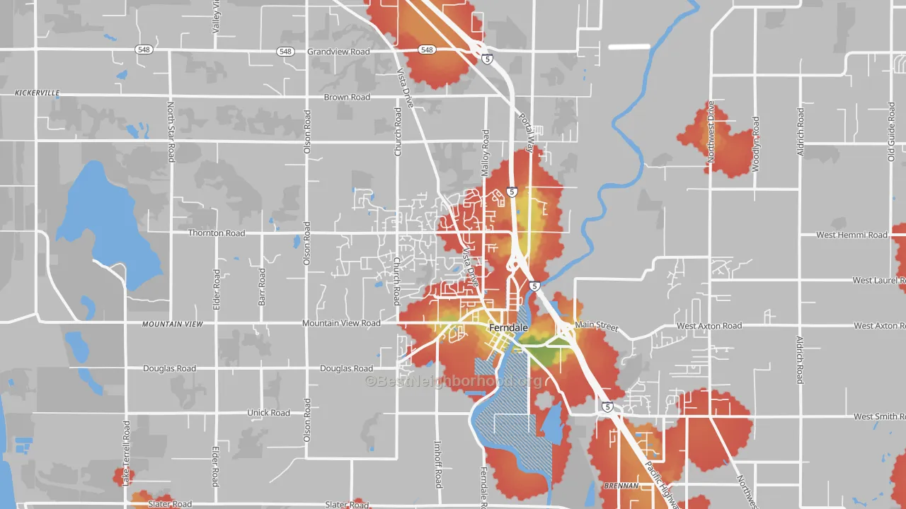 Walk Grade map of Ferndale, WA, walkable areas in green and car-dependent areas in red