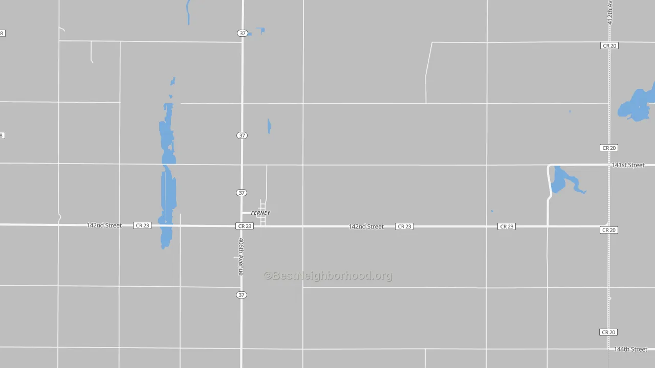 Walk Grade map of Ferney, SD, walkable areas in green and car-dependent areas in red