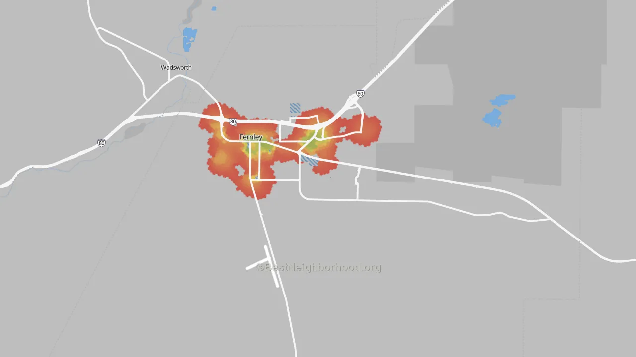 Walk Grade map of Fernley, NV, walkable areas in green and car-dependent areas in red