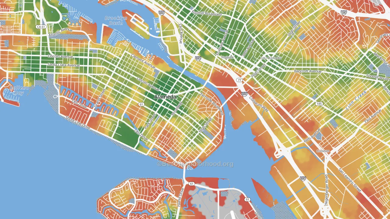 Walk Grade map of Fernside, Alameda, CA, walkable areas in green and car-dependent areas in red