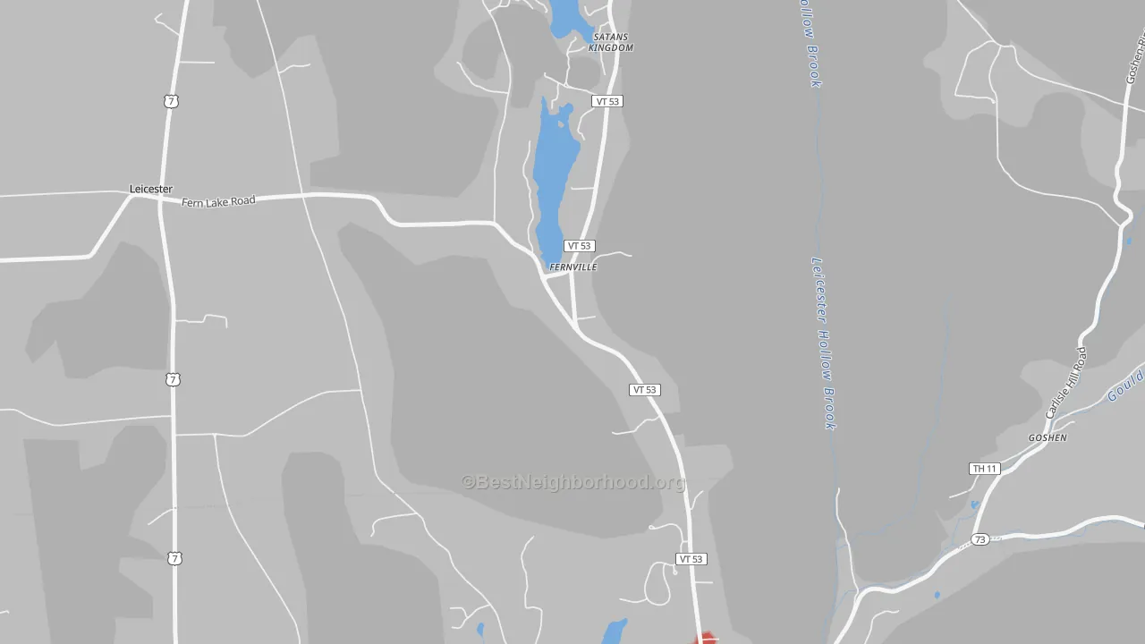 Walk Grade map of Fernville, VT, walkable areas in green and car-dependent areas in red