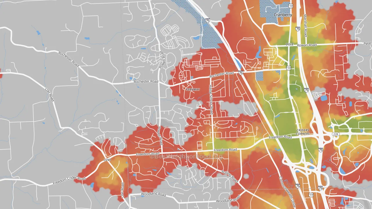 Walk Grade map of Fernway, PA, walkable areas in green and car-dependent areas in red