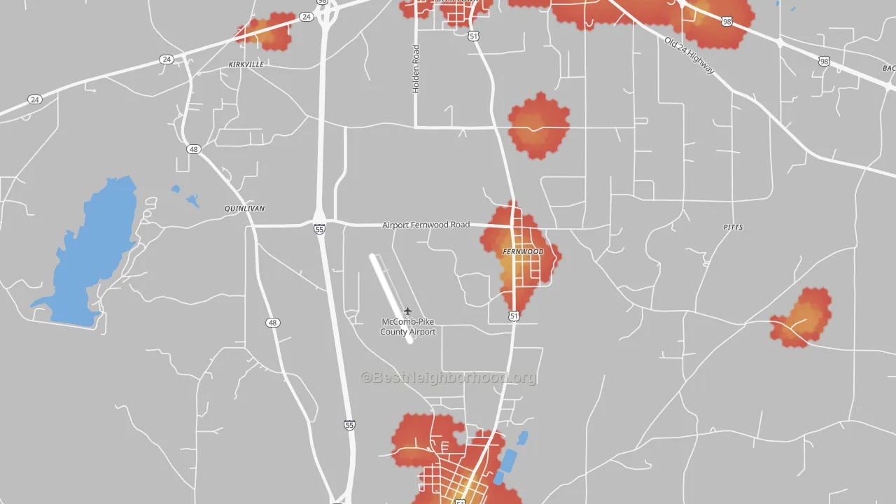 Walk Grade map of Fernwood, MS, walkable areas in green and car-dependent areas in red