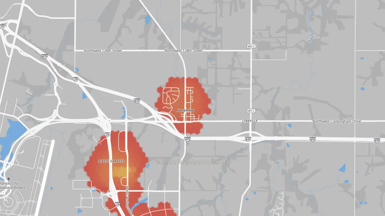Walk Grade map of Ferrelview, MO, walkable areas in green and car-dependent areas in red