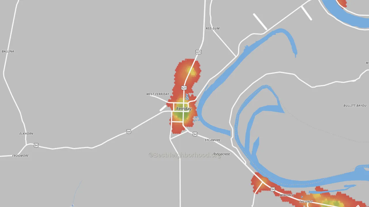 Walk Grade map of Ferriday, LA, walkable areas in green and car-dependent areas in red