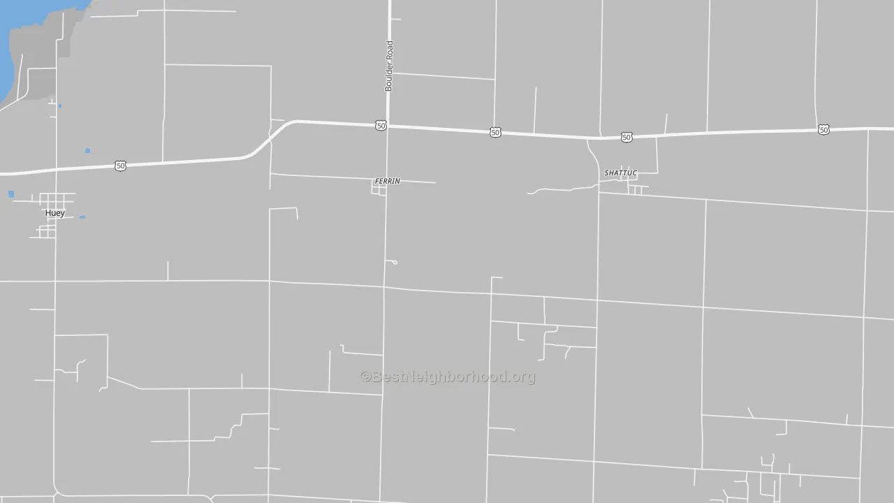 Walk Grade map of Ferrin, IL, walkable areas in green and car-dependent areas in red