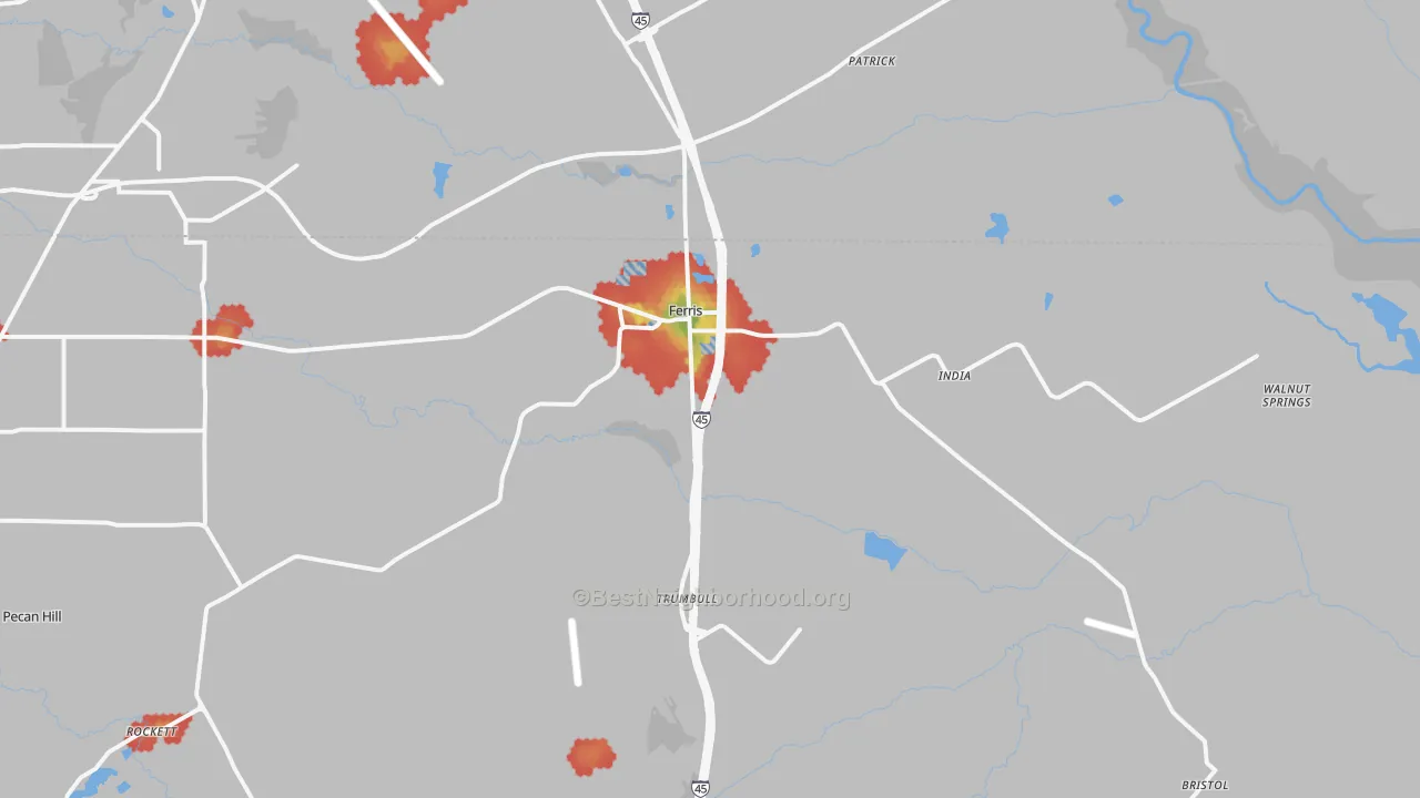 Walk Grade map of Ferris, TX, walkable areas in green and car-dependent areas in red