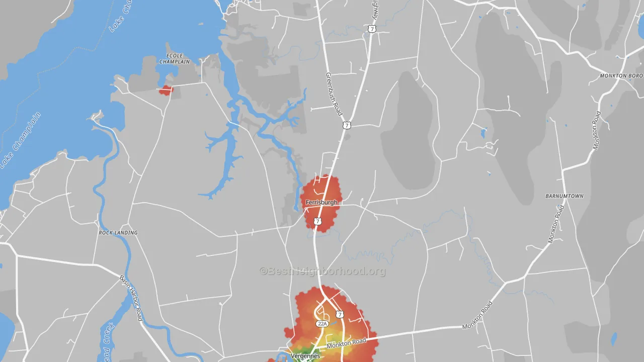Walk Grade map of Ferrisburg, VT, walkable areas in green and car-dependent areas in red