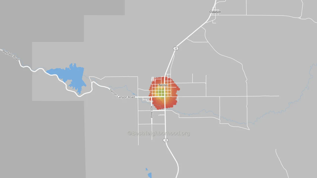 Walk Grade map of Ferron, UT, walkable areas in green and car-dependent areas in red