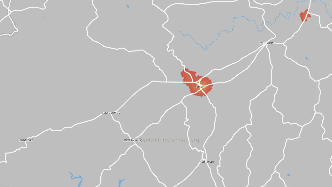 Walk Grade map of Ferrum, VA, walkable areas in green and car-dependent areas in red