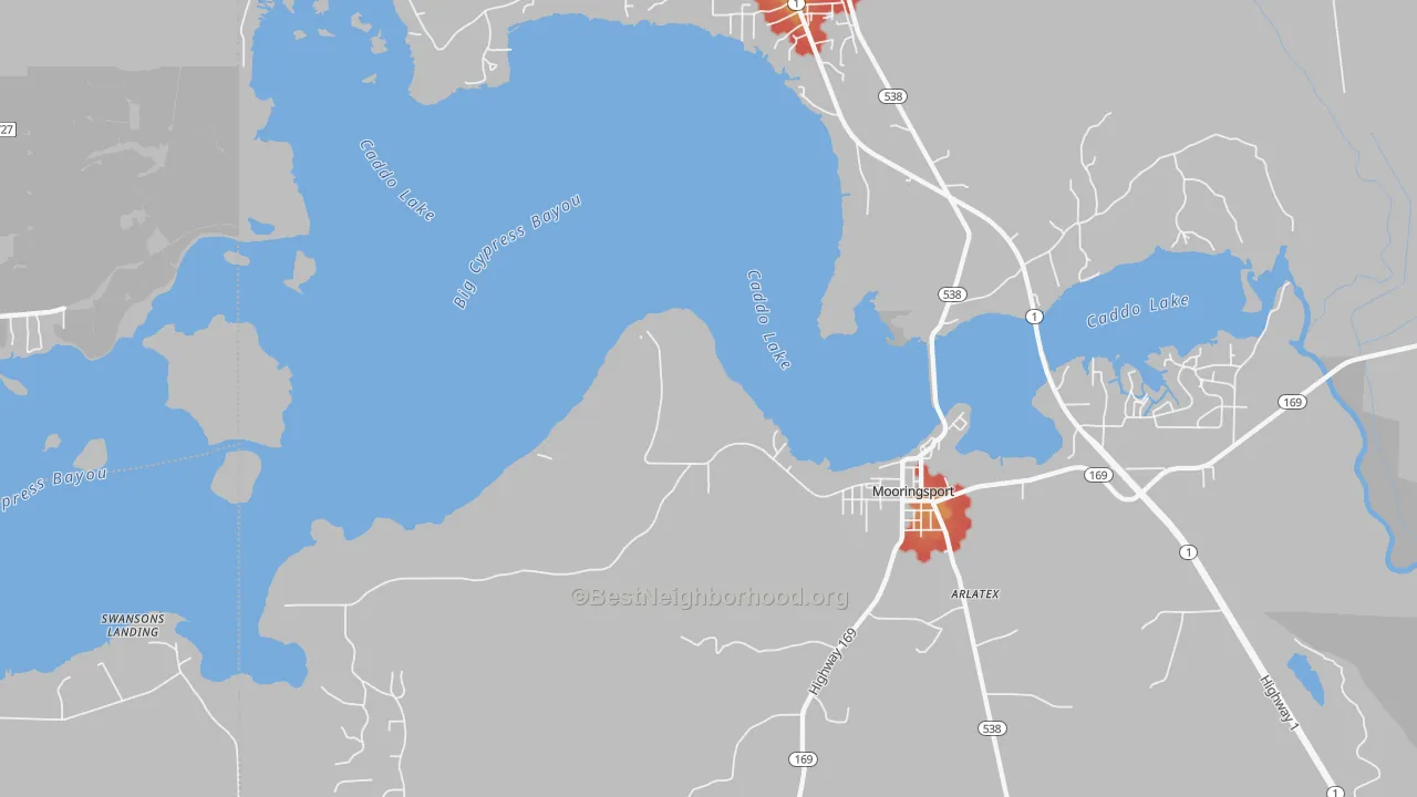 Walk Grade map of Ferry Lake, LA, walkable areas in green and car-dependent areas in red