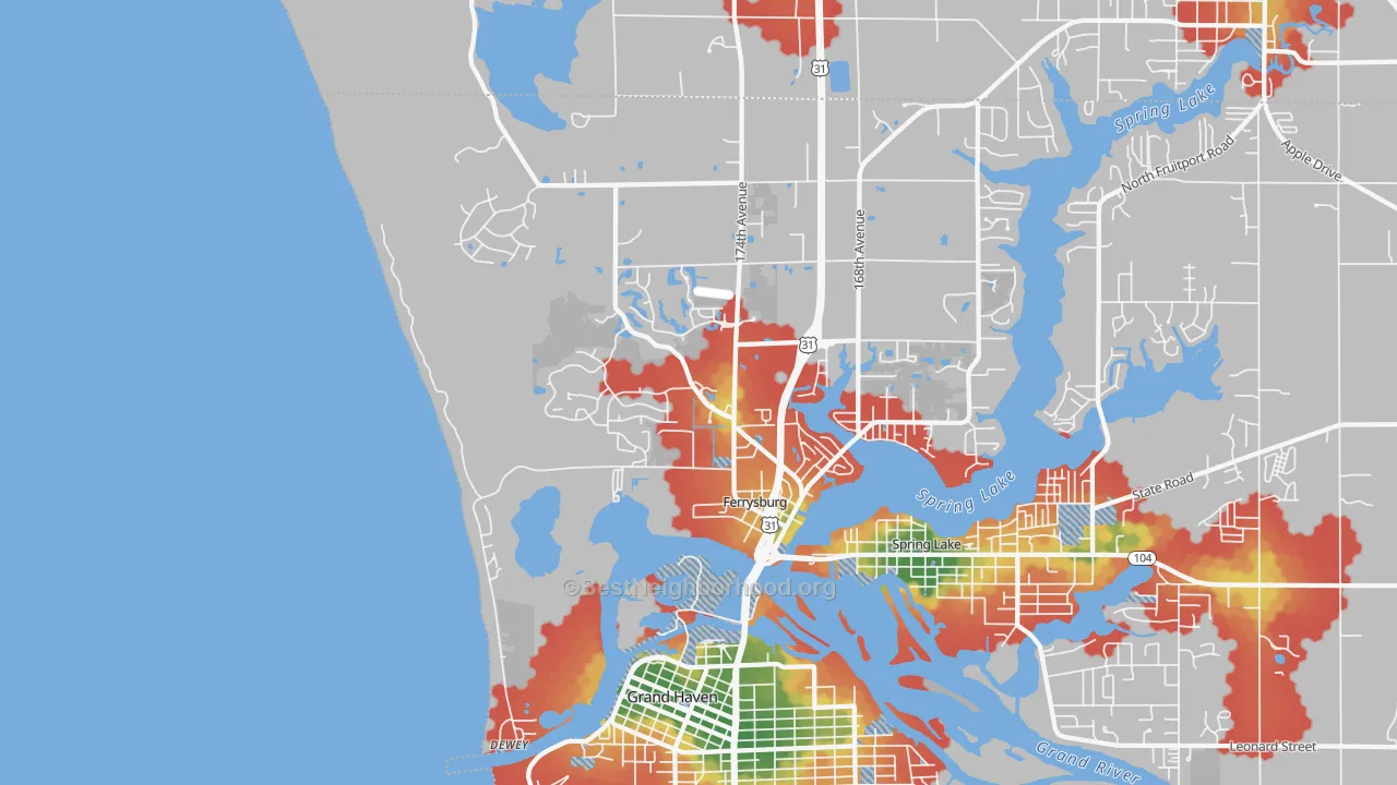 Walk Grade map of Ferrysburg, MI, walkable areas in green and car-dependent areas in red