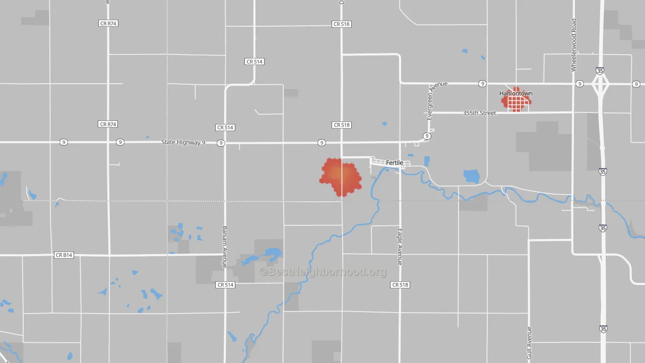 Walk Grade map of Fertile, IA, walkable areas in green and car-dependent areas in red