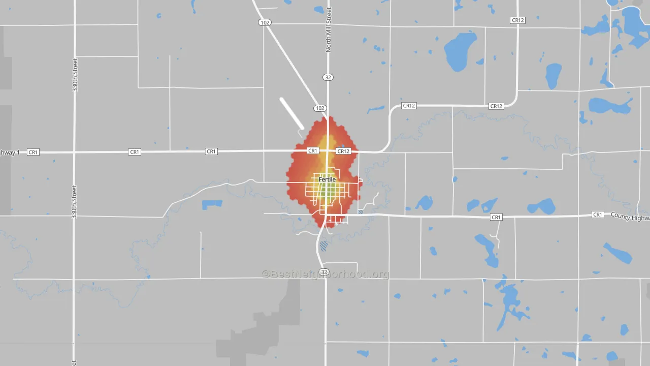 Walk Grade map of Fertile, MN, walkable areas in green and car-dependent areas in red