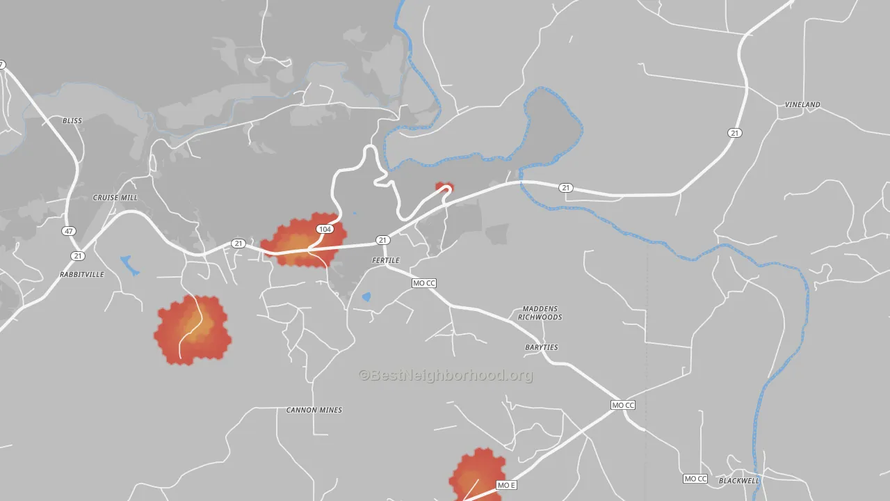 Walk Grade map of Fertile, MO, walkable areas in green and car-dependent areas in red