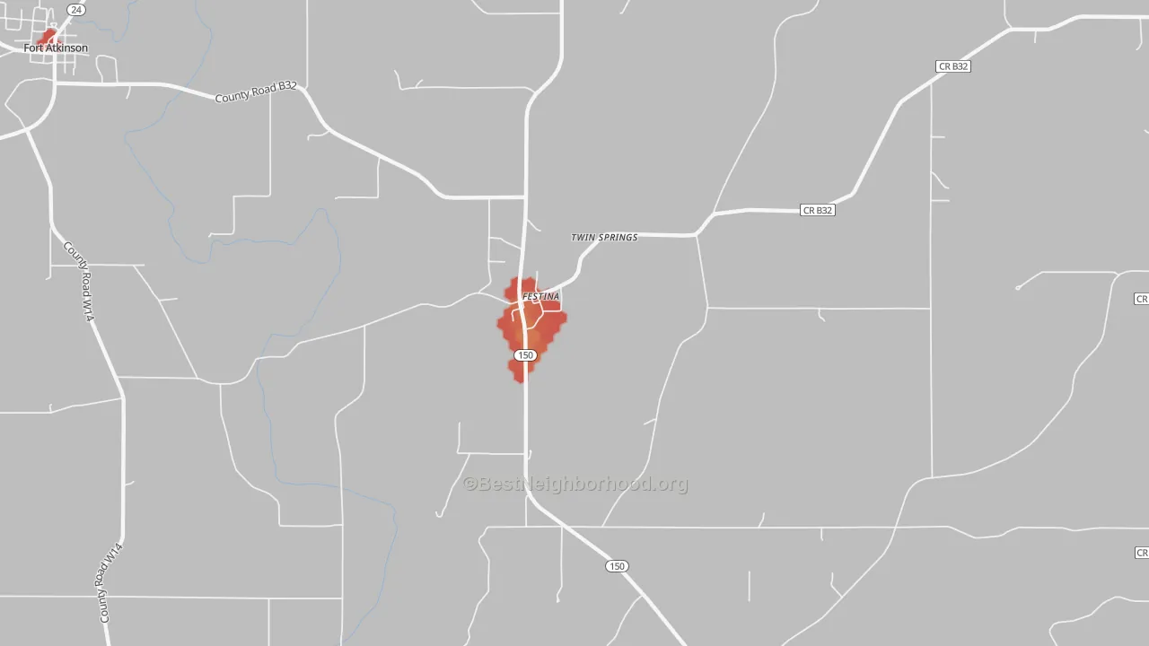 Walk Grade map of Festina, IA, walkable areas in green and car-dependent areas in red