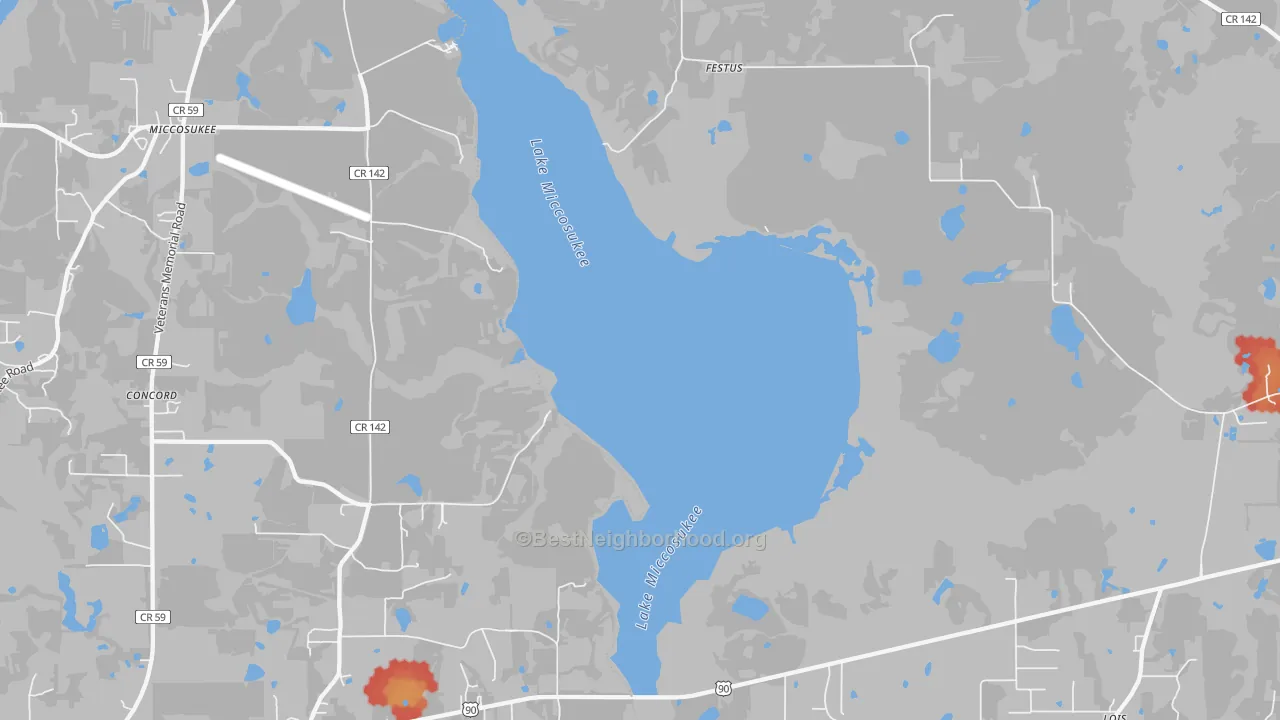 Walk Grade map of Festus, FL, walkable areas in green and car-dependent areas in red