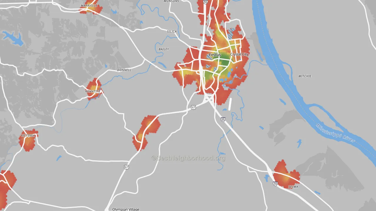 Walk Grade map of Festus, MO, walkable areas in green and car-dependent areas in red
