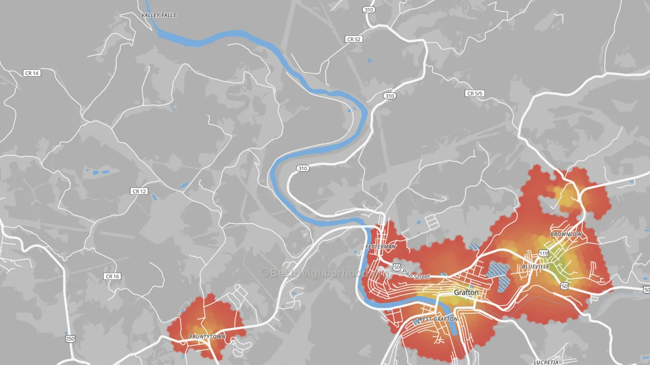 Walk Grade map of Fetterman, WV, walkable areas in green and car-dependent areas in red