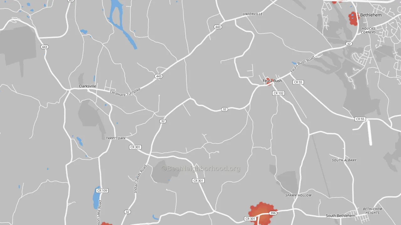 Walk Grade map of Feura Bush, NY, walkable areas in green and car-dependent areas in red