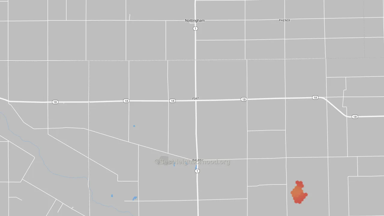 Walk Grade map of Fiat, IN, walkable areas in green and car-dependent areas in red