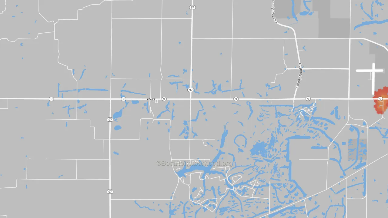 Walk Grade map of Fiatt, IL, walkable areas in green and car-dependent areas in red