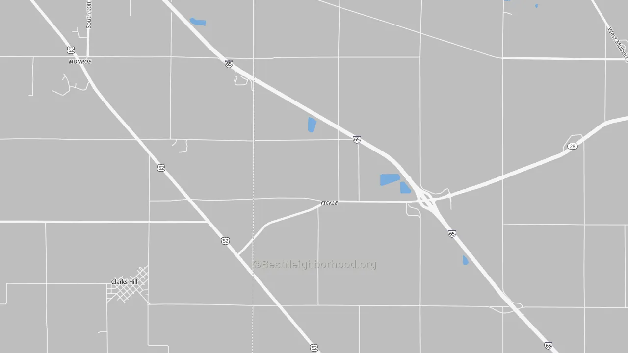 Walk Grade map of Fickle, IN, walkable areas in green and car-dependent areas in red