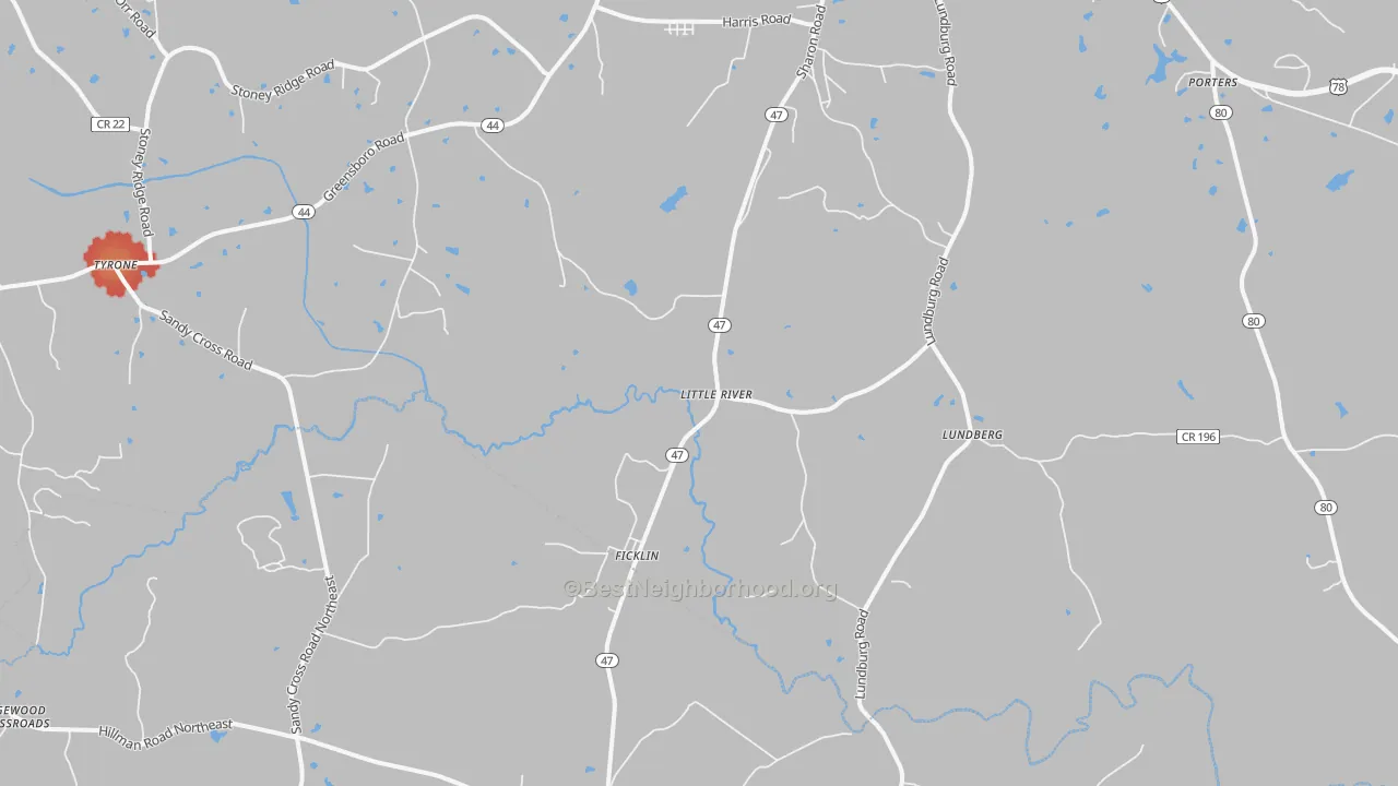 Walk Grade map of Ficklin, GA, walkable areas in green and car-dependent areas in red