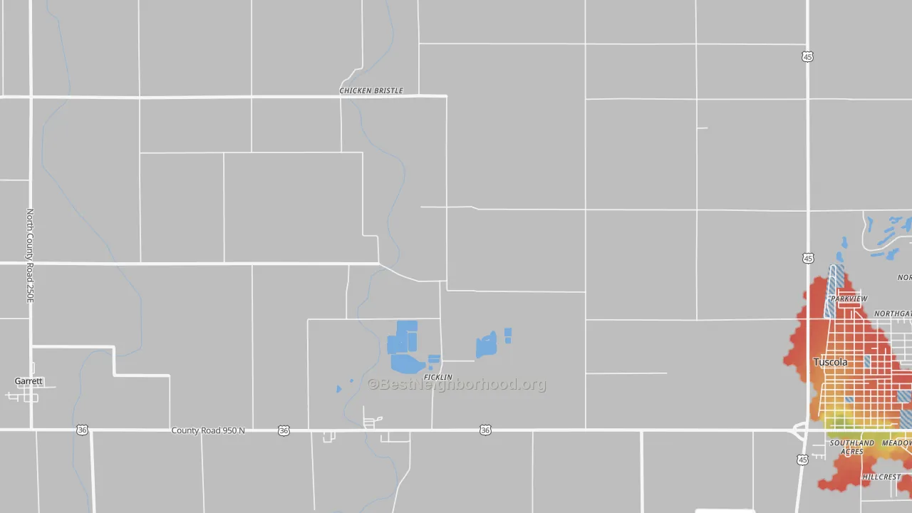 Walk Grade map of Ficklin, IL, walkable areas in green and car-dependent areas in red