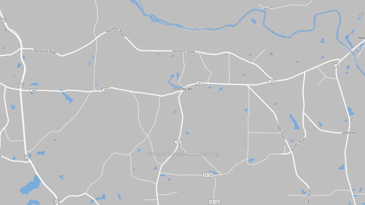 Walk Grade map of Fickling Mill, GA, walkable areas in green and car-dependent areas in red