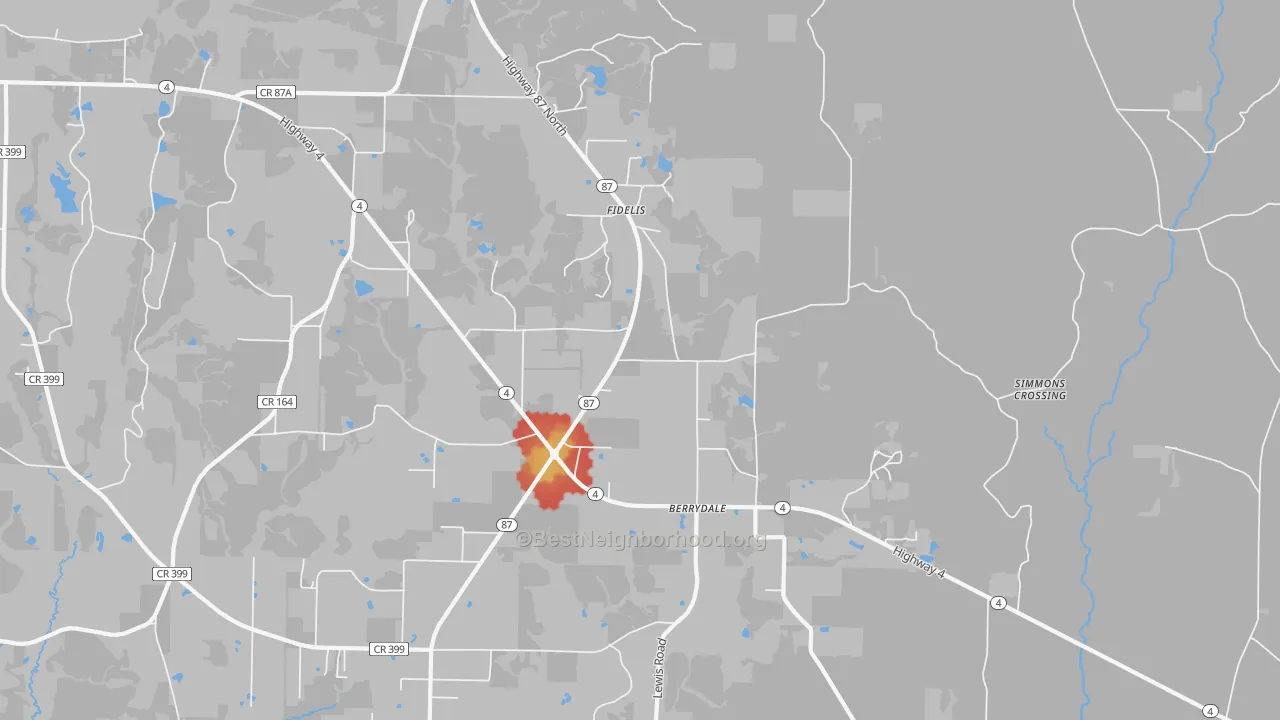 Walk Grade map of Fidelis, FL, walkable areas in green and car-dependent areas in red