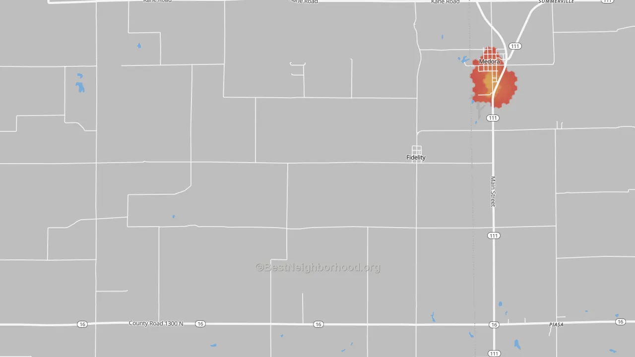 Walk Grade map of Fidelity, IL, walkable areas in green and car-dependent areas in red