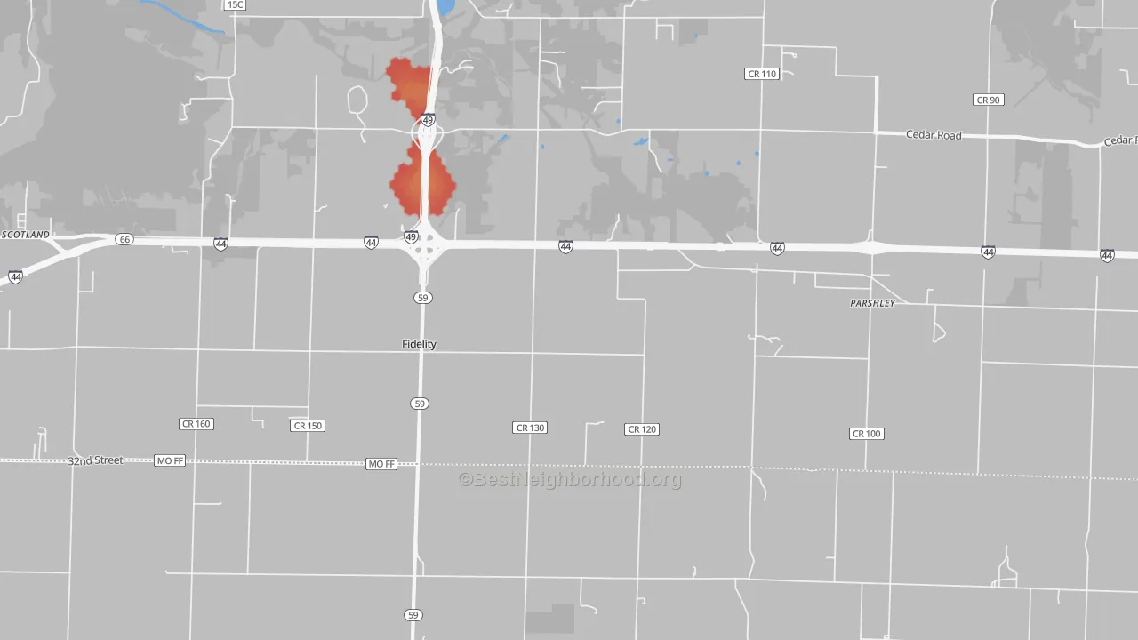 Walk Grade map of Fidelity, MO, walkable areas in green and car-dependent areas in red