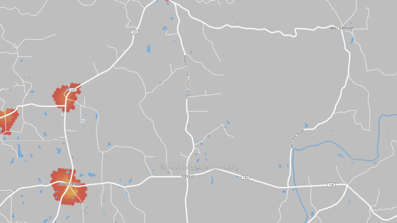 Walk Grade map of Fidelle, GA, walkable areas in green and car-dependent areas in red